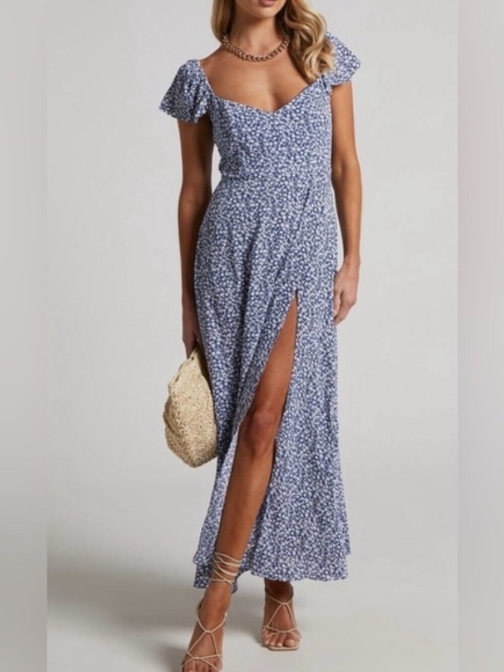 SHOWPO Donissa Dress Womens 16 Blue Floral Midi Flutter Sleeve Lined V Neck
